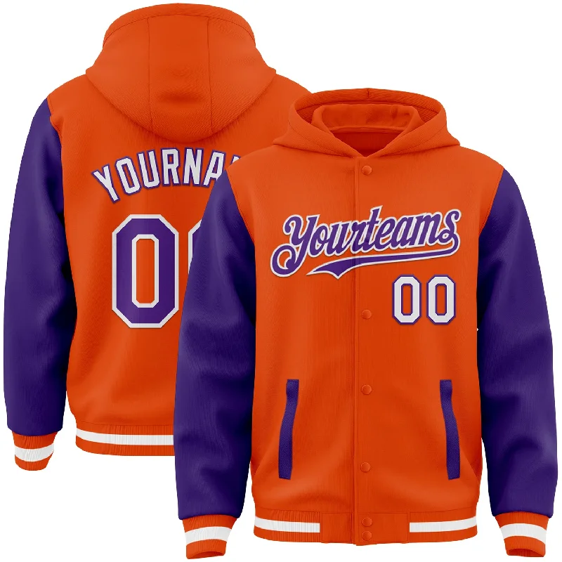 Fashion-Forward Gender-Neutral Outerwear Trendy Looks On Sale Custom Orange Purple-White Bomber Full-Snap Varsity Letterman Two Tone Hoodie Jacket