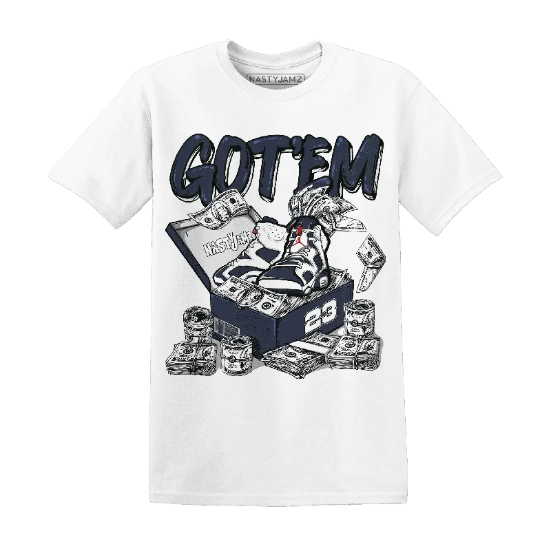 Bold And Trendy Gender-Neutral Outfits Valentine's Special NastyJamz White Navy 6s T-Shirt Match Dollar Sneaker Box